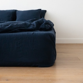 Navy Blue Linen Fitted Sheet Stone washed