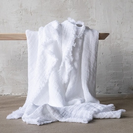 White Linen Throw with Fringes Washed Waffle 