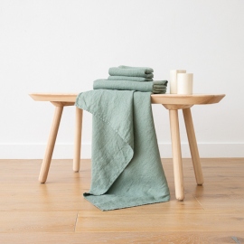 Spa Green Linen Bath and Hand Towels Set Washed Waffle