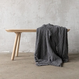Steel Grey Linen Throw With Fringes Washed Waffle