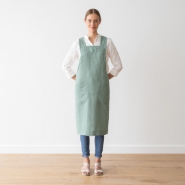 Stone Washed Linen Back Cross Apron Spa Green
