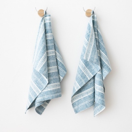 Set of 2 Hand Towels Marine Blue Multistripe Linen