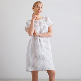 White Navy Stripe Medium Linen Dress Alice