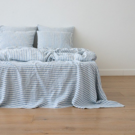 Washed Bed Linen Flat Sheet Ticking Stripe Blue