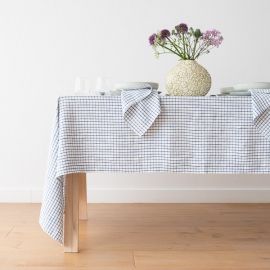 Linen Tablecloth Graphic Check Off White Blue