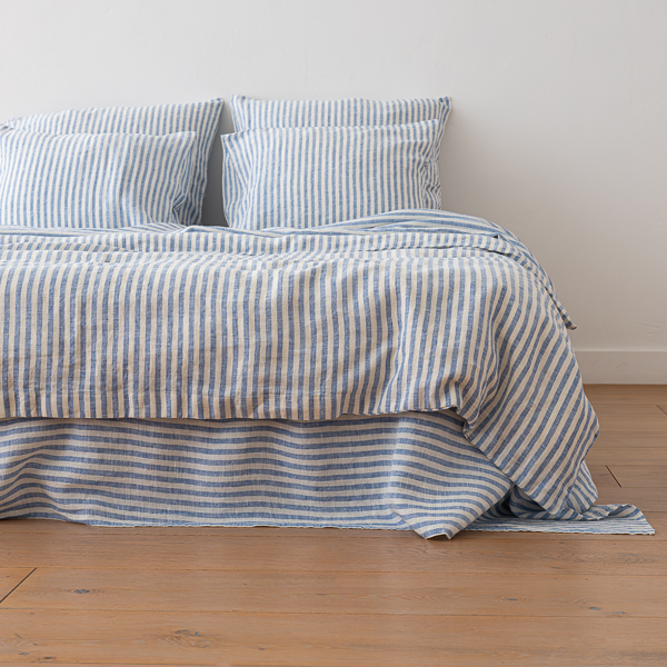 Blåt hørdynebetræk, forvasket, Ticking Stripe