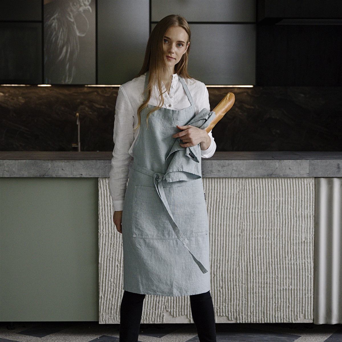 Linen apron styled in a kitchen