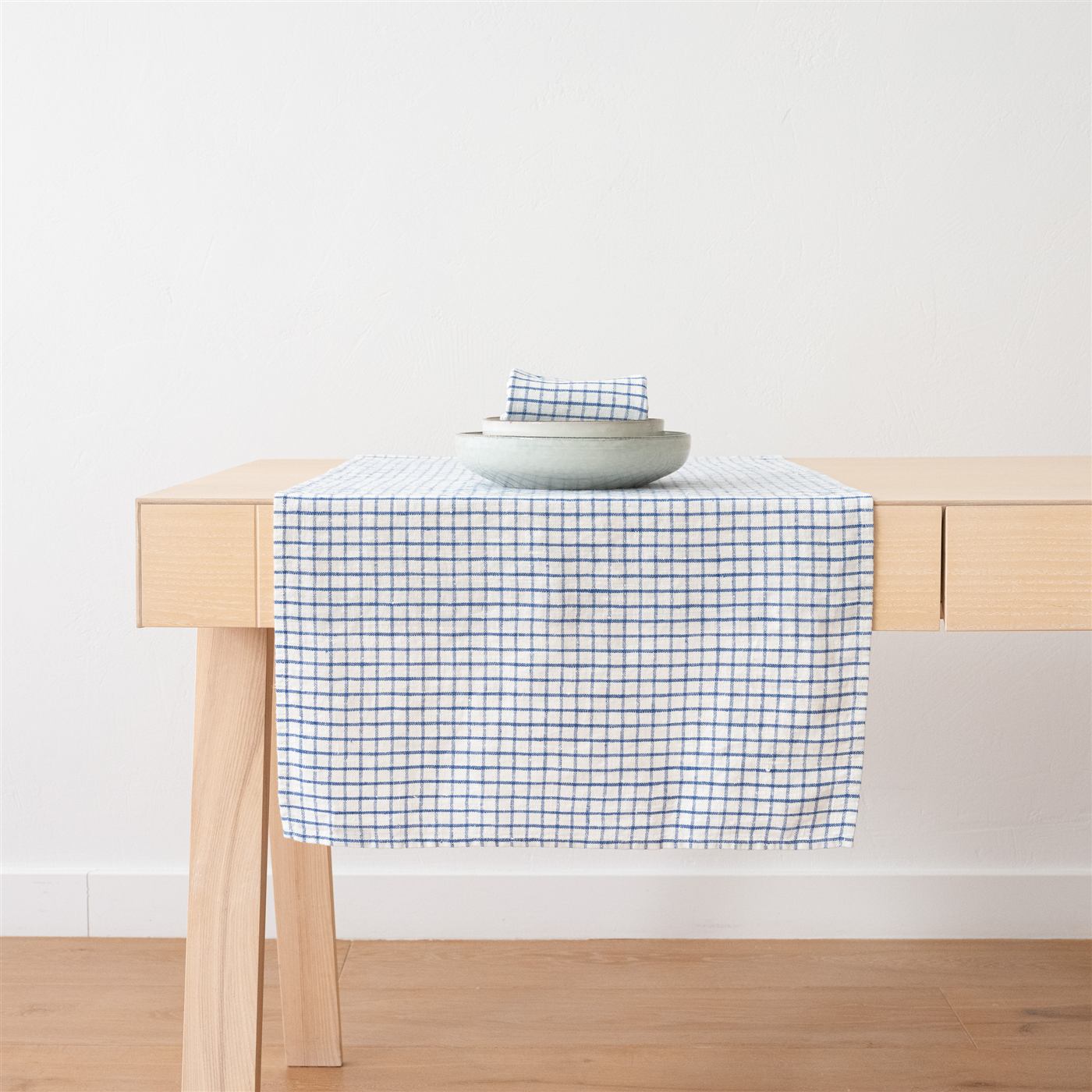 Blue and white Graphic Check linen table runner