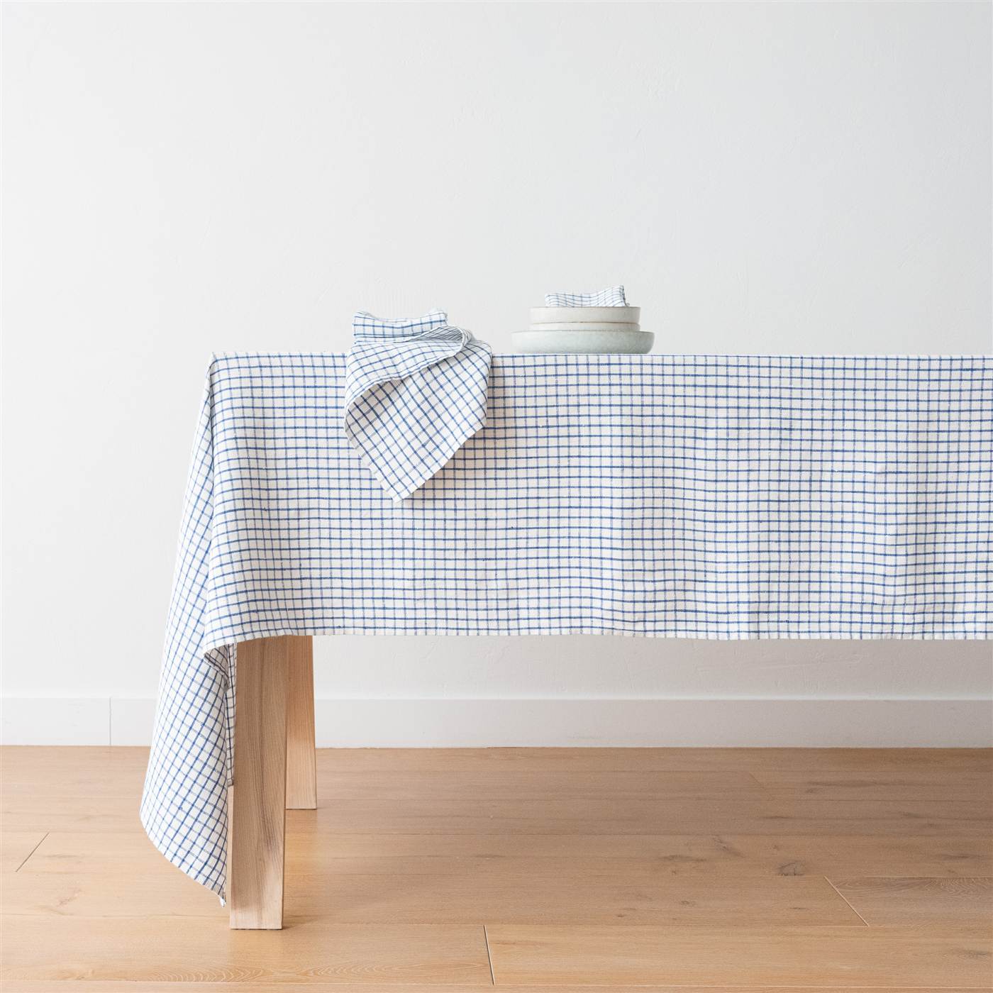 Blue and white Graphic Check linen tablecloth