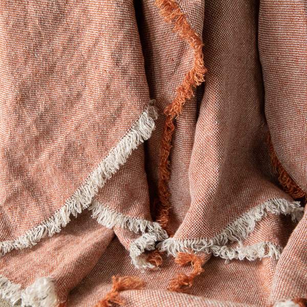 Brick linen throw with fringed edge