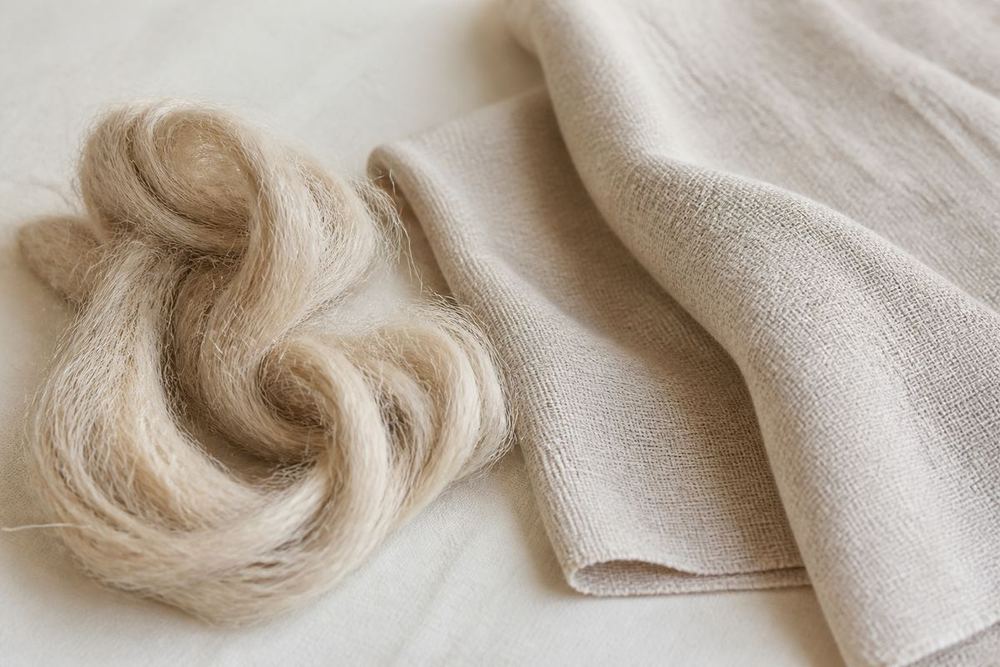 Natural flax fibres beside woven undyed linen