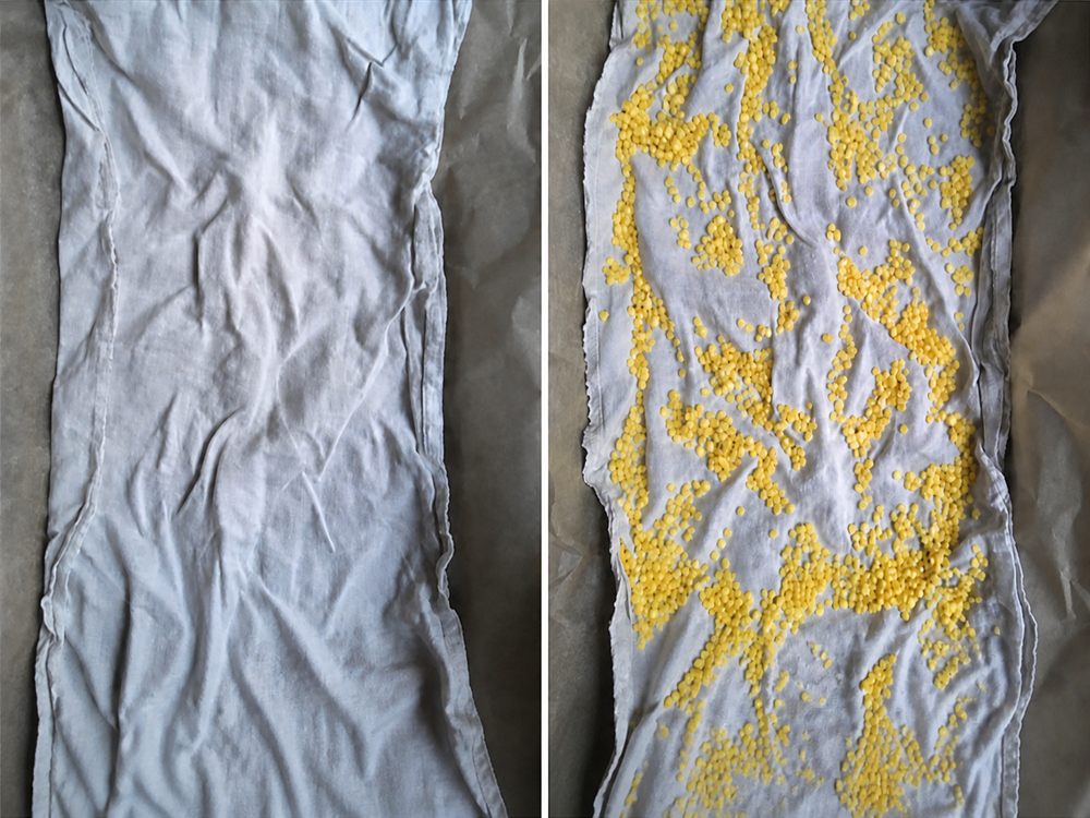 Linen fabric before and after beeswax pellets are evenly distributed