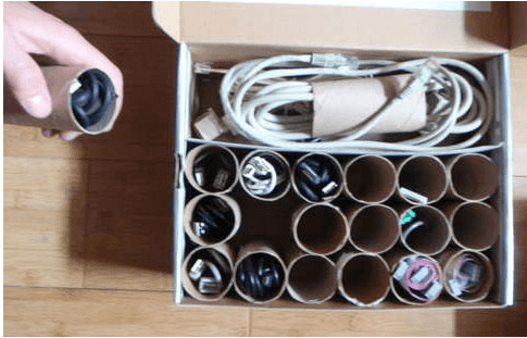 Cables organised inside cardboard tubes