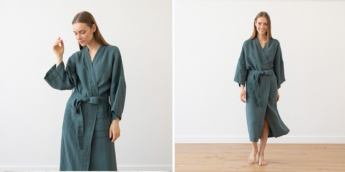 Balsam Green Linen Bath Robe Washed Waffle LinenMe Balsam Green Linen Bath Robe Washed Waffle LinenMe