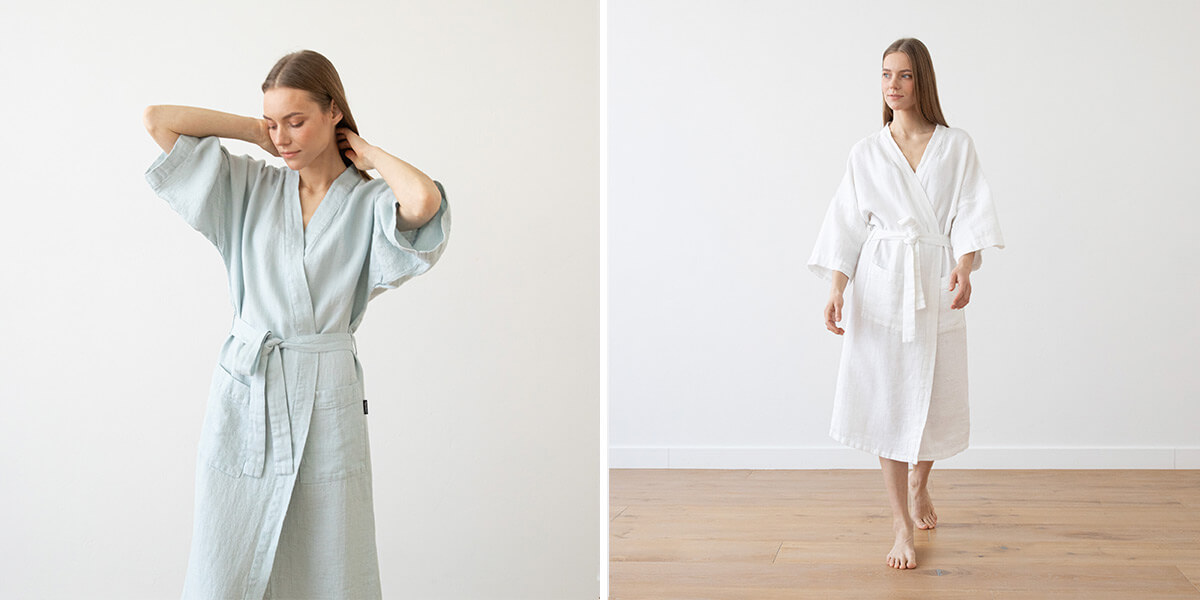 Linen Bath Robe Washed Waffle LinenMe Indigo washed waffle linen bathrobe styled for holidays