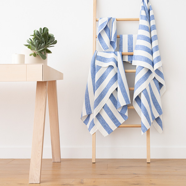 striped linen bath towels blue