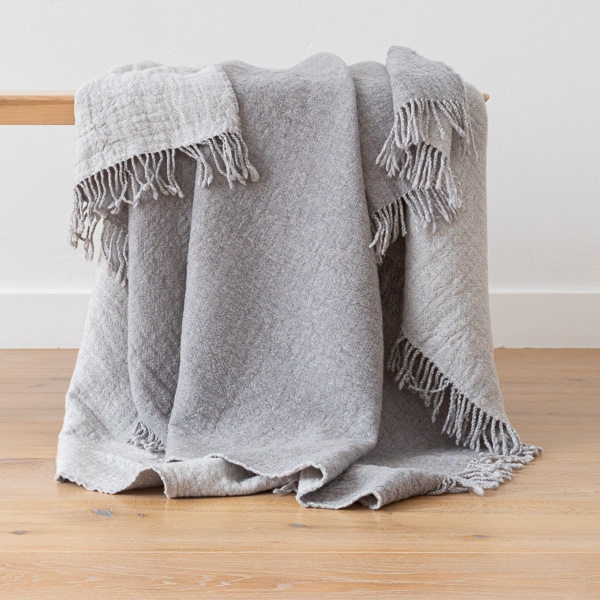 Grey Marcus merino wool throw draped over a chair
